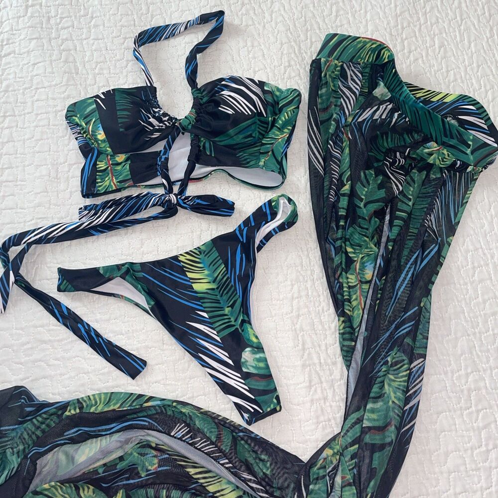 Tropical Bikini Set Medium M Long Coverup 3 Piece Resort Greens Halter Adj Top